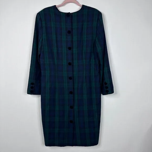 Vintage Brooks Brothers Flannel Plaid Shift Midi Dress Frock Green Blue Wool 14 - Picture 8 of 14